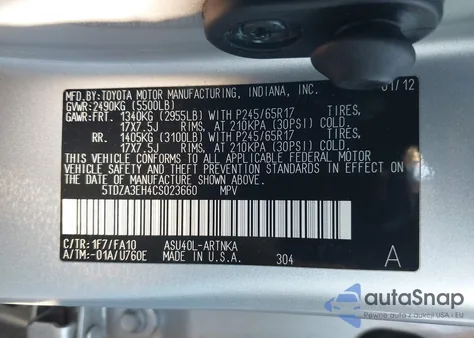 2012 Toyota Highlander from USA, damaged, VIN 5TDZA3EH4CS023660